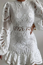 Solid Color Hollow Long-sleeved Waisted Lace Mini Dress