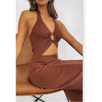 Cotton Cutout Halter Midi V Neck Dress