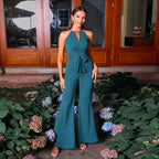 Halter Off The Shoulder Sleeveless V Neck Slim Waist Slimming Jumpsuit Evening Dress