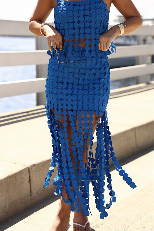 Caitlin See Through Circle Embroidery Square Neck Tassle Hem Slip Tank