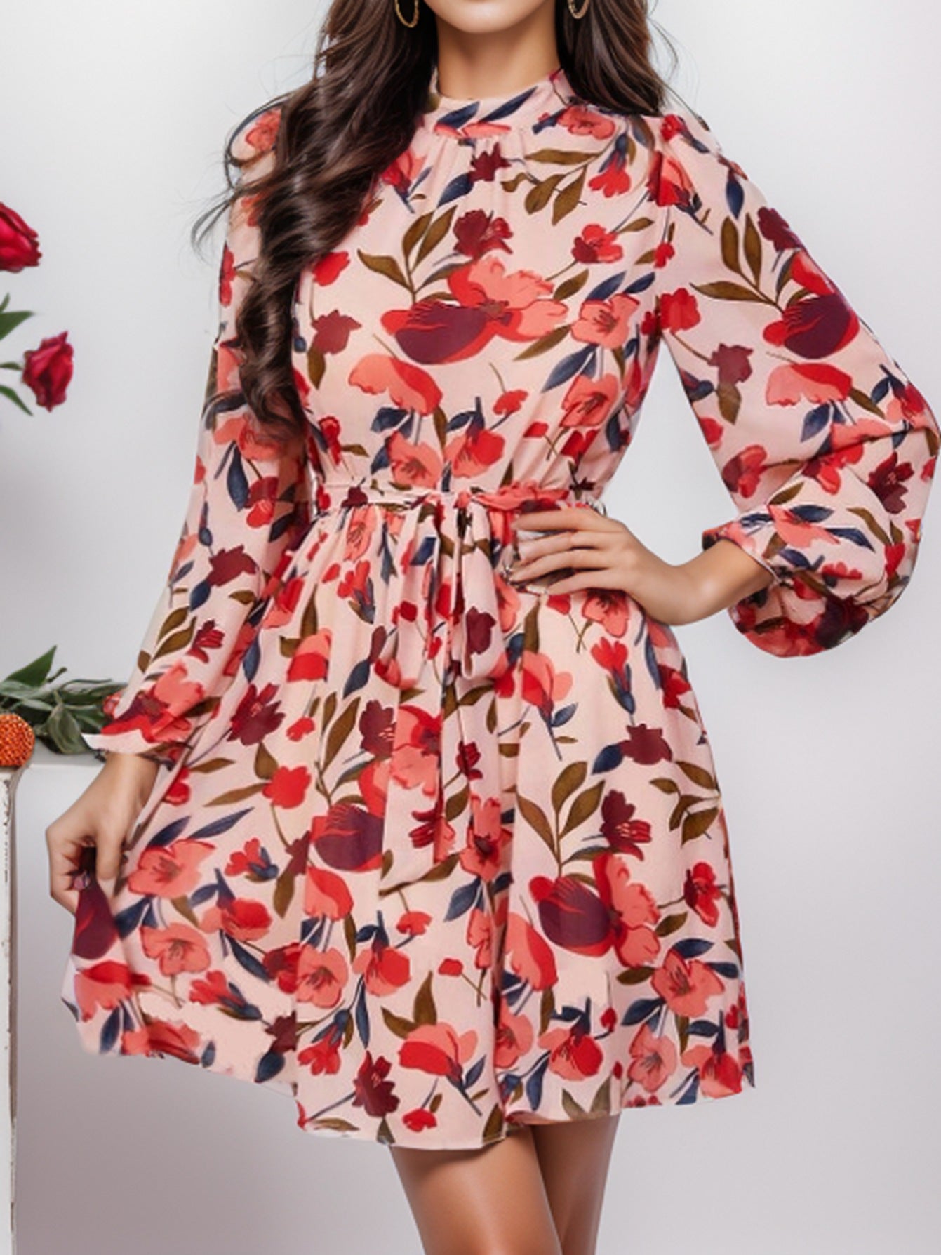 Nerea Timeless Women's Floral Print Dress with Waist Belt and Long Sleeves Evening Wear Edit