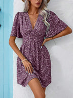 Vania Minimalist Women's Floral Dress with Chic V Neck and Voluminous Sleeves Boutique Collection