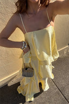 Soft and Smooth Satin Tiered Slip Square Neck A-line Maxi Dress
