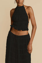 Versatile retro charm pleated drawstring waistline long skirt set