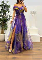 Fairy Flower Feather Pendant Elegant Fallen Fold Off Shoulder Party Split Design Long Dress