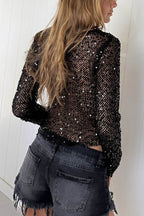 Fashionable Sequined Fishnet Casual Long-sleeved Top