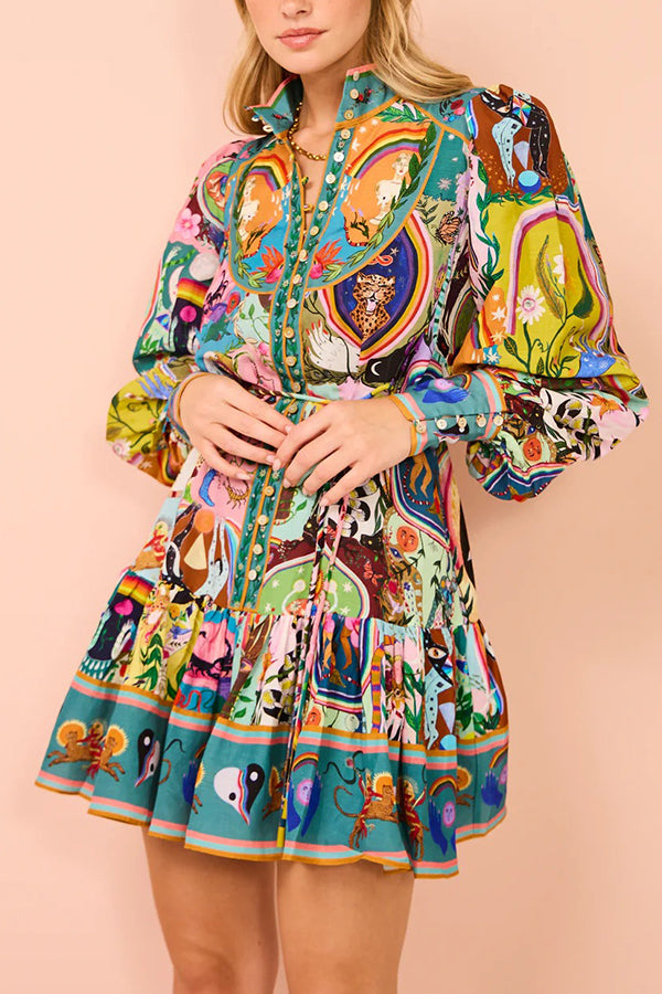 Touch of Luxury Unique Print Balloon Sleeve Button Shirt Mini Dress
