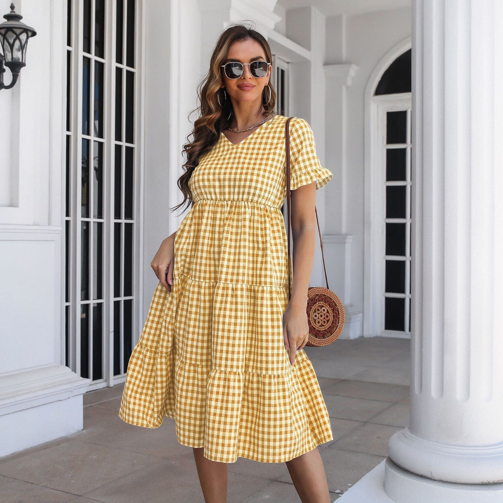 Bonny Pocketed Gingham Tie Front Babydoll Dress Yellow
