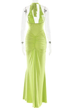 Solid Color Elegant Halterneck V-neck Open Back Tie Gathered Maxi Dress