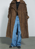 Suede Belted Long Trench Coat – Oversized Double-Breasted Brown Jacket