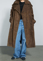 Suede Belted Long Trench Coat – Oversized Double-Breasted Brown Jacket
