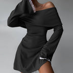 off Shoulder Horn Long Sleeve Short Dress Lace Slim Fit Dress