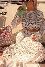 Balmy Summers Crochet Lace Floral Pattern Long Sleeve Crop Vacation Top