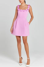 Party outfit, pearl flower decal, square strapless, sexy collar, pocket, elegant mini dress