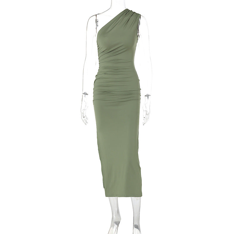 Shoulder Solid Color Split Sleeveless Slim Fit Dress
