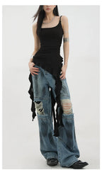 Vintage Distressed And Dirt-Dyed Patchwork Wide-Leg Jeans