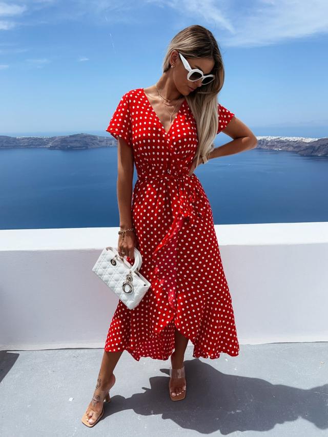 Yolanda Chic Women's Asymmetrical Maxi Dress with Dots and Low Waist Elevated Occasion Wear