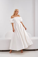 Yen Pocketed Off The Shoulder Smocked Midi Dress Off White