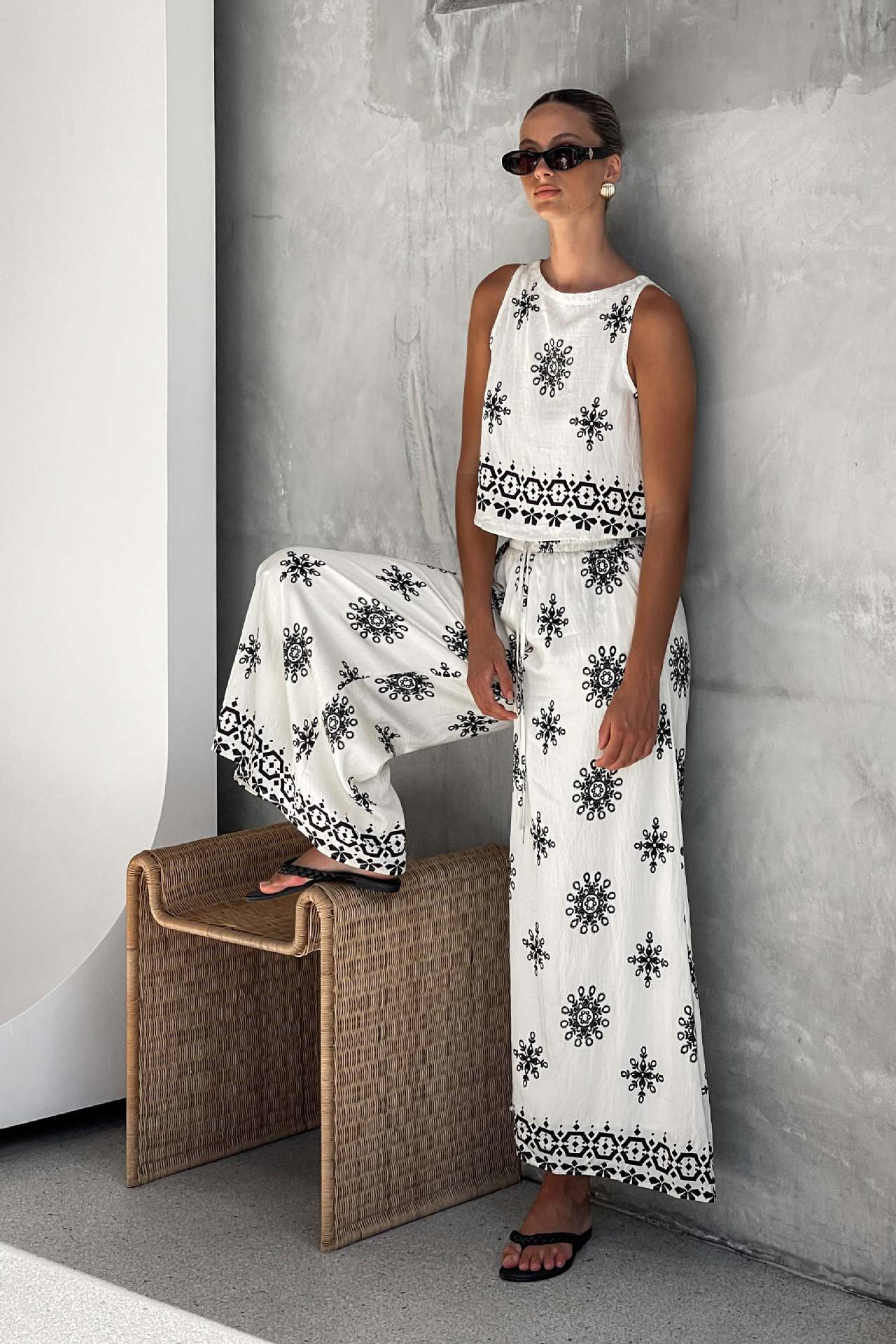 Unique Printed Round Neck Sleeveless Button Top and Elastic Waist Pocket Wide Leg Pants Set
