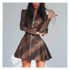 Fashionable Fitted Long Sleeve Pleated Faux Leather Zipper Dress