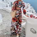 Hollow lace unique printed bell shaped sleeve crop top and lace up long skirt set