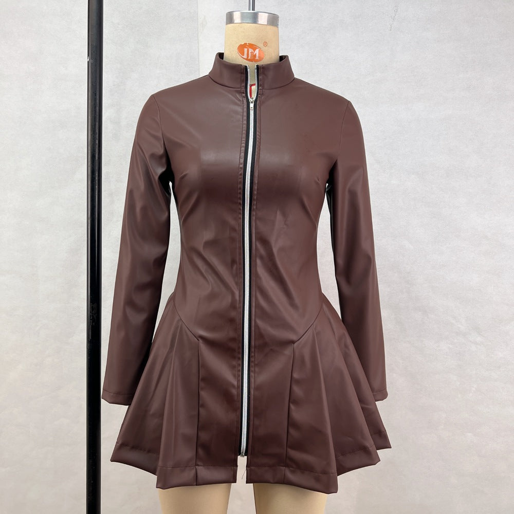Fashionable Fitted Long Sleeve Pleated Faux Leather Zipper Dress