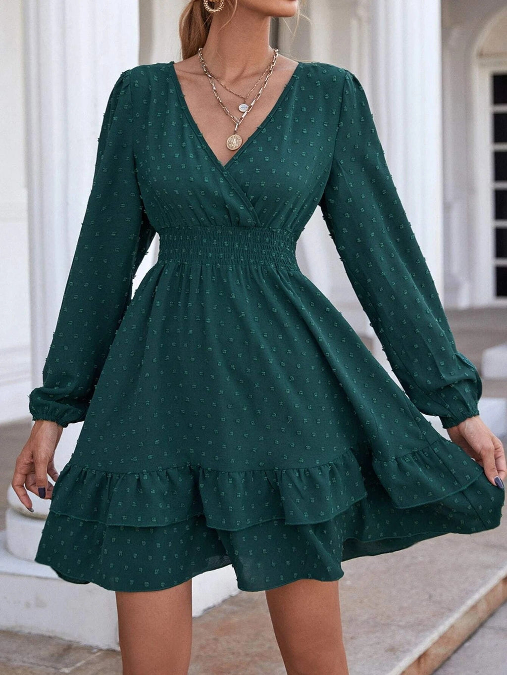 Samar Satin Embossed Cowl Neck Dress Hunter Green