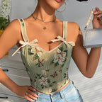 French Bow Tie Shoulder Floral Sexy Shapewear Women Spaghetti Strap Floral Print Slim Vest Corset