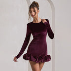 Velvet Pleated Hem Long Sleeve Party Dress