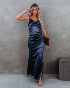Plus One Satin Cowl Neck Maxi Dress Navy FINAL