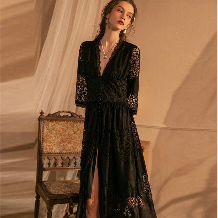 Emma Sheer Crochet Lace Maxi Dress Black
