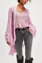 Flowy See-through Ruffle Tie-up Neck Bell Sleeve High-low Hem Cape Shirt
