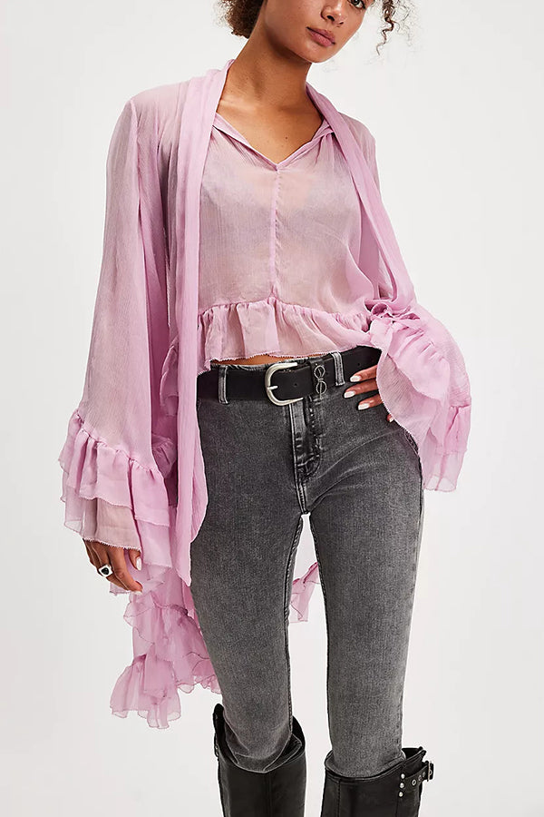 Flowy See-through Ruffle Tie-up Neck Bell Sleeve High-low Hem Cape Shirt