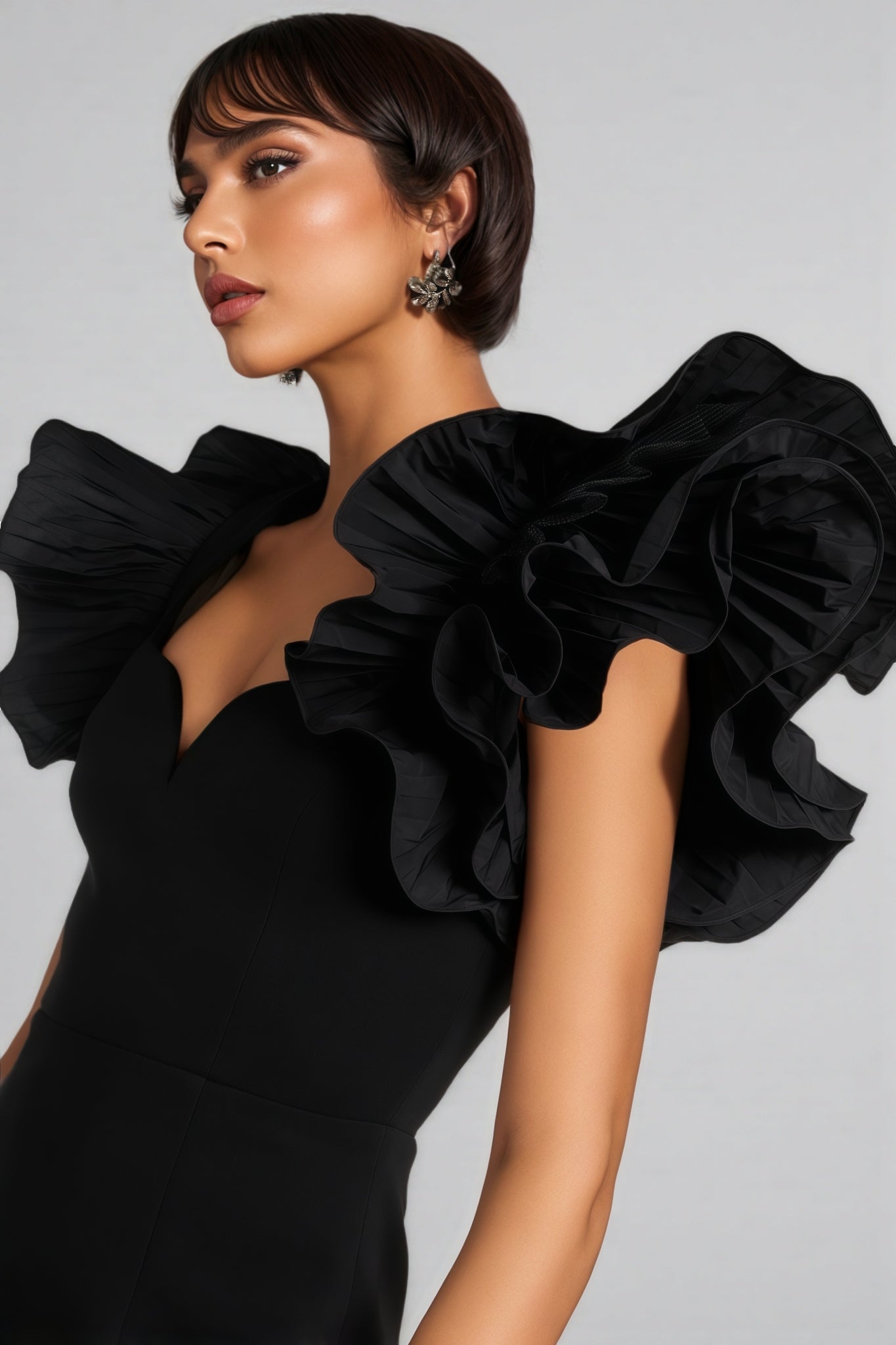 Starsha Black Puff Sleeve Midi Dress