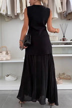 Stylish and Elegant Knit Spliced Tulle Elastic Waist Pleated Maxi Skirt