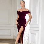off Shoulder Slim Fit Fold Split Dress
