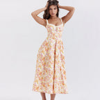 Floral Slip Dress Backless Slit Mid Length Vacation Dress for
