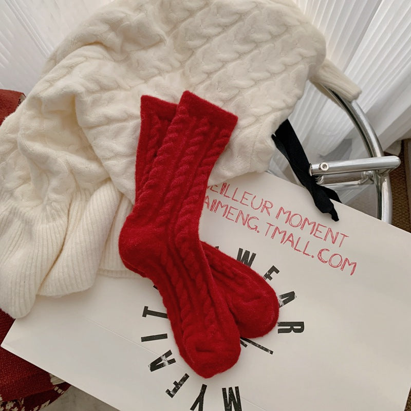 Red Striped Cashmere Blend Warm Mid Calf Socks