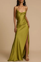 Evening Date Satin Cowl Neck Drape Ruffle Backless Bias Cut Party Maxi Dress
