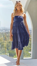 Shirley Ruffle Tiered Midi Dress Navy