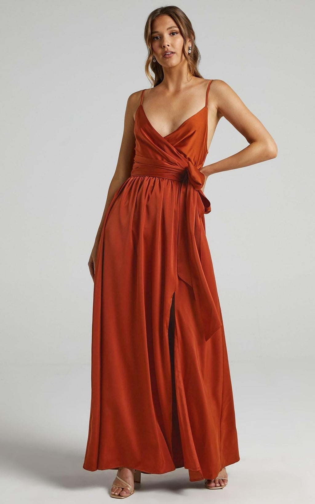 Limelight Satin High Low Maxi Dress Camel