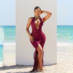 Solid Color Sleeveless Halter Irregular Asymmetric Lace Up Dress