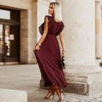 Elegant Beach DressSlim Fit Ruffle Sleeve Chiffon Pleated Solid Color Dress