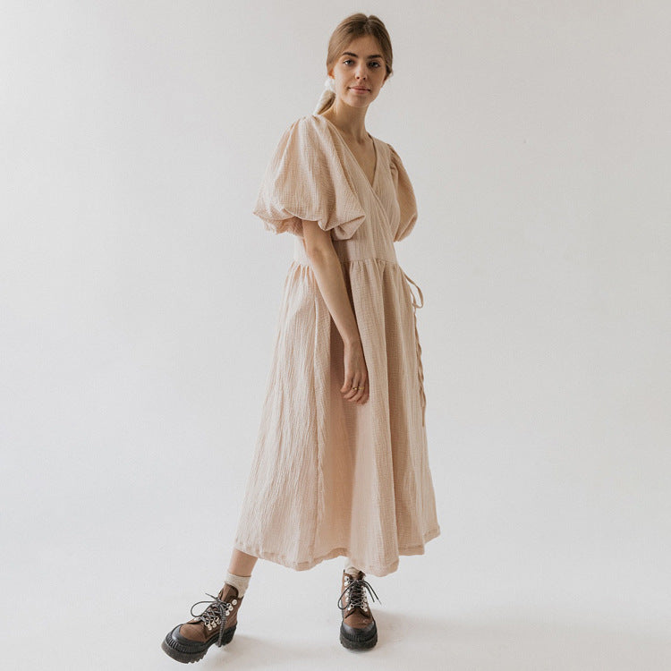 V neck Short Sleeve Lace up Dress French Office Solid Color Dress