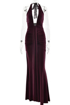 Solid Color Elegant Halterneck V-neck Open Back Tie Gathered Maxi Dress