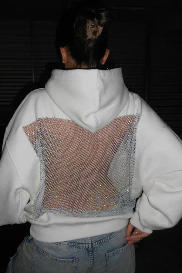 Fashionable Shiny Mesh Hollow Back Loose Long-sleeved Hooded Sweatshirt