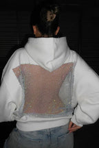 Fashionable Shiny Mesh Hollow Back Loose Long-sleeved Hooded Sweatshirt