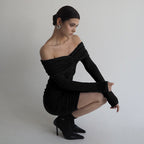 Pleated off the Shoulder Long Sleeve Slim Sheath Short Dress