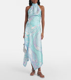 Satin Unique Print Halter Top and Irregular Midi Skirt Set