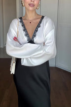 Lainei Contrast Color Satin Lace Trim V-neck Long Sleeve Maxi Dress